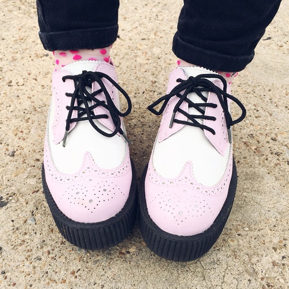 NWOT T.U.K Viva High Sole Mondo Wingtip Oxford Platform Creeper White Pink EU 39 - Picture 2 of 14